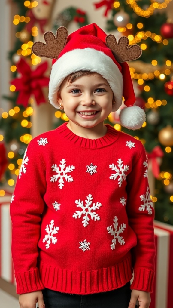 A DIY Christmas outfit with a red sweater, Santa hat, and festive accessories.